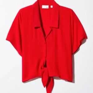 Wilfred Free Top Womens XS Red Tie Front Short Sleeve Button Up Minimalist Chic